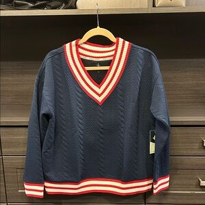 Tuckernuck Navy V-Neck Sweater with Red and White Trim